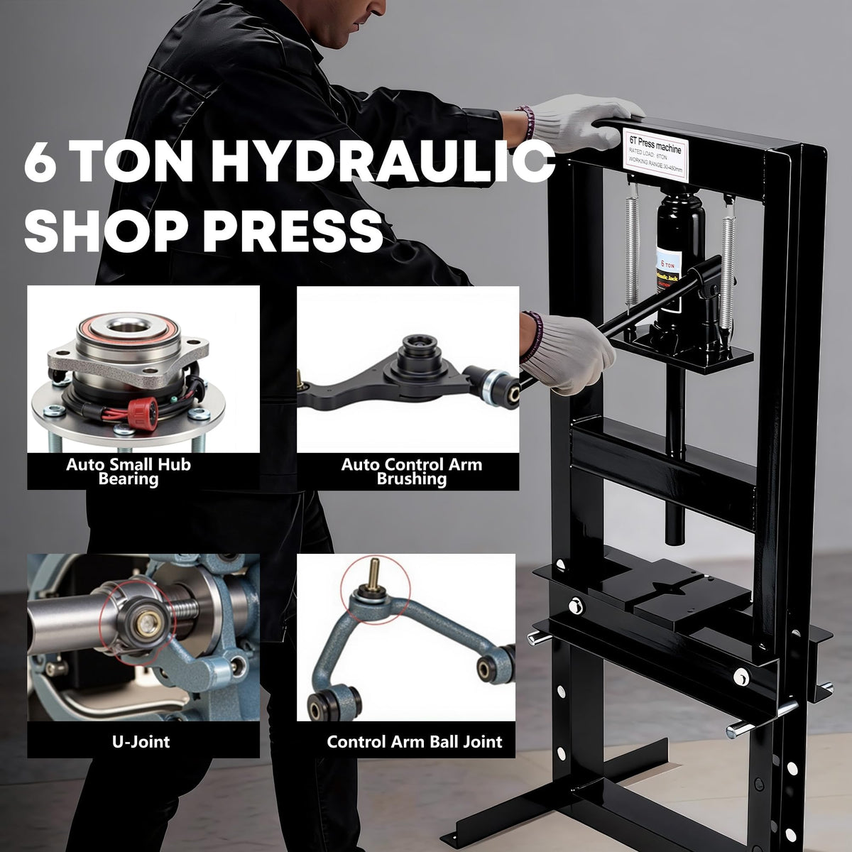 GAOMON 6 Ton Hydraulic H-Frame Shop Press – Heavy Duty Manual Hydraulic Press with Adjustable Bed, Stamping Plates, Worktable – Auto Repair, Metalworking, Garage, Engine Bearing Removal – 6T, Black