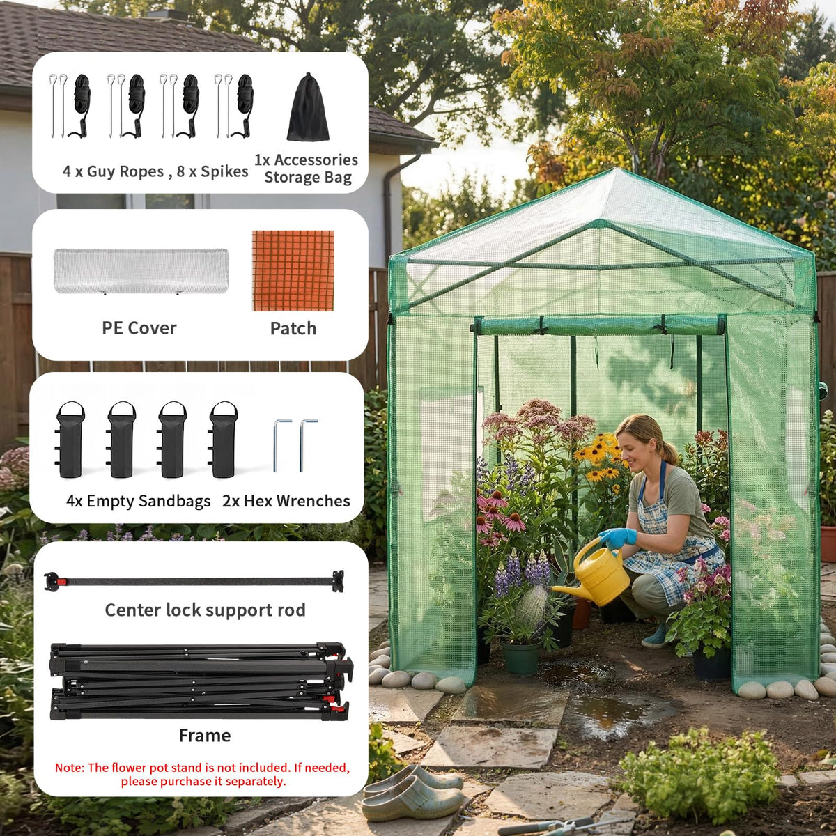 CROWN SHADES 8x6 Walk-in Greenhouse,Pop Up Portable Greenhouse with Center Lock One Push Instant,Outdoor Greenhouse Kit with Roll-Up Door,Mesh Windows&Adjustable Height for Backyard Garden（Green）