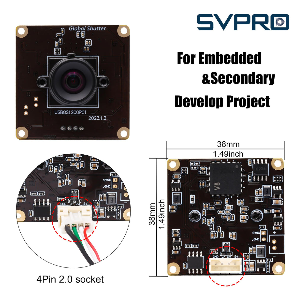 SVPRO Global Shutter USB Camera Module 90fps High Speed Webcam Board 1920x1200 2MP AR0234 UVC Webcam Module with Distortion Free M12 Lens for Computer,Slow Motion Board Camera for Golf Swing