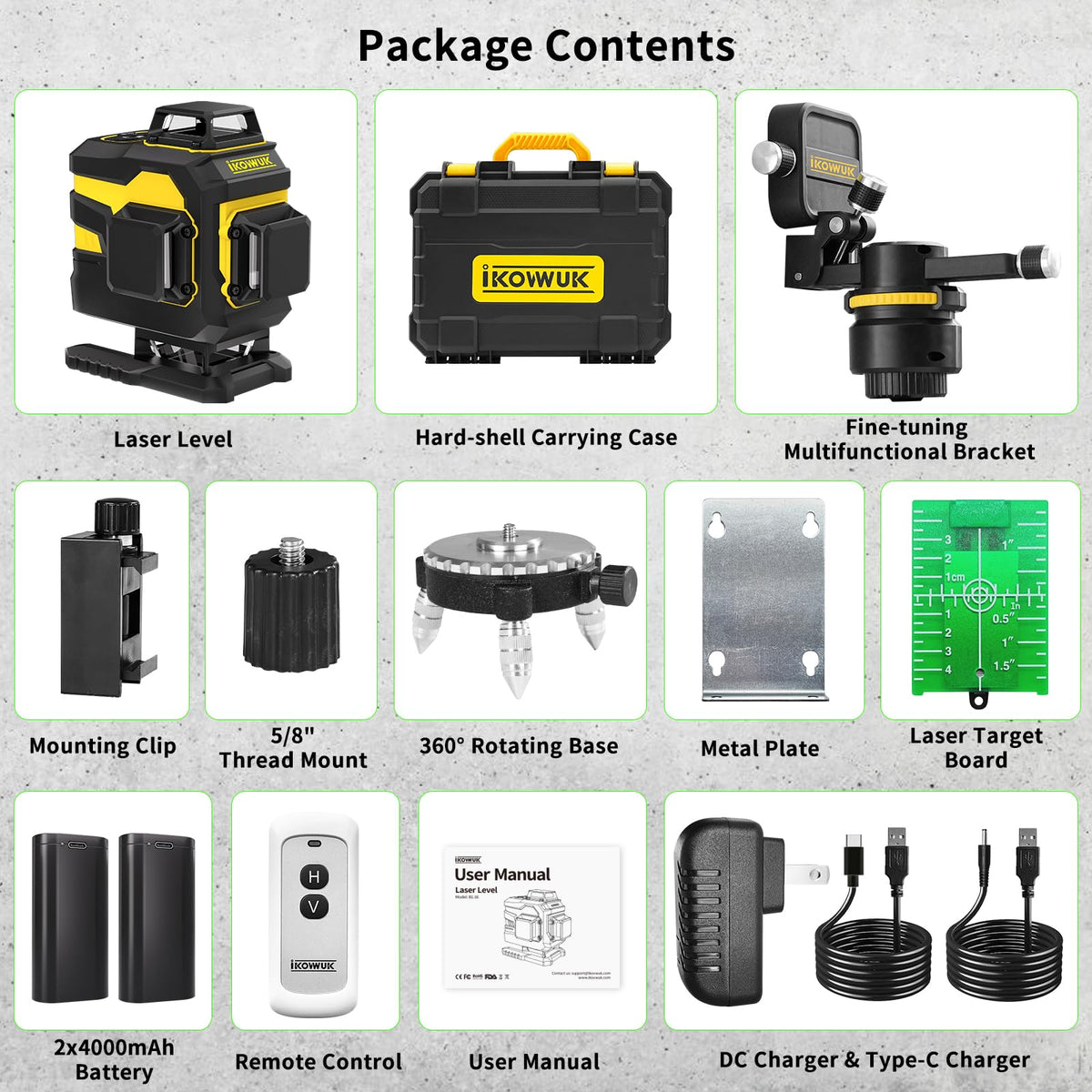 IKOVWUK 4x360° Laser Level Pro Kit, Self-leveling Tool for Construction, Tiling Floor & Picture Hanging, 4D Cross Line Laser Level with Fine-tuning Bracket, 16 Lines Laser level with 2*4000mAh Battery