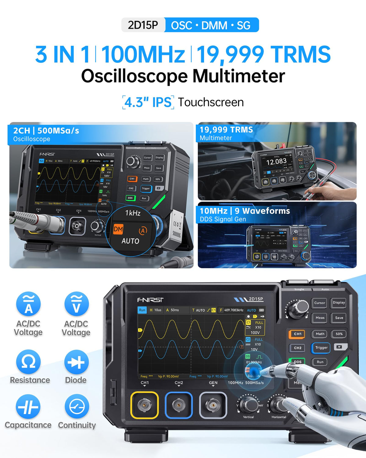 FNIRSI 2D15P 100MHz Digital Oscilloscope Multimeter DDS Signal Generator 3 in 1, 2CH Automotive Oscilloscope Multimeter 19,999 TRMS Counts, 500MS/s Sampling, 4.3'' Touch Screen