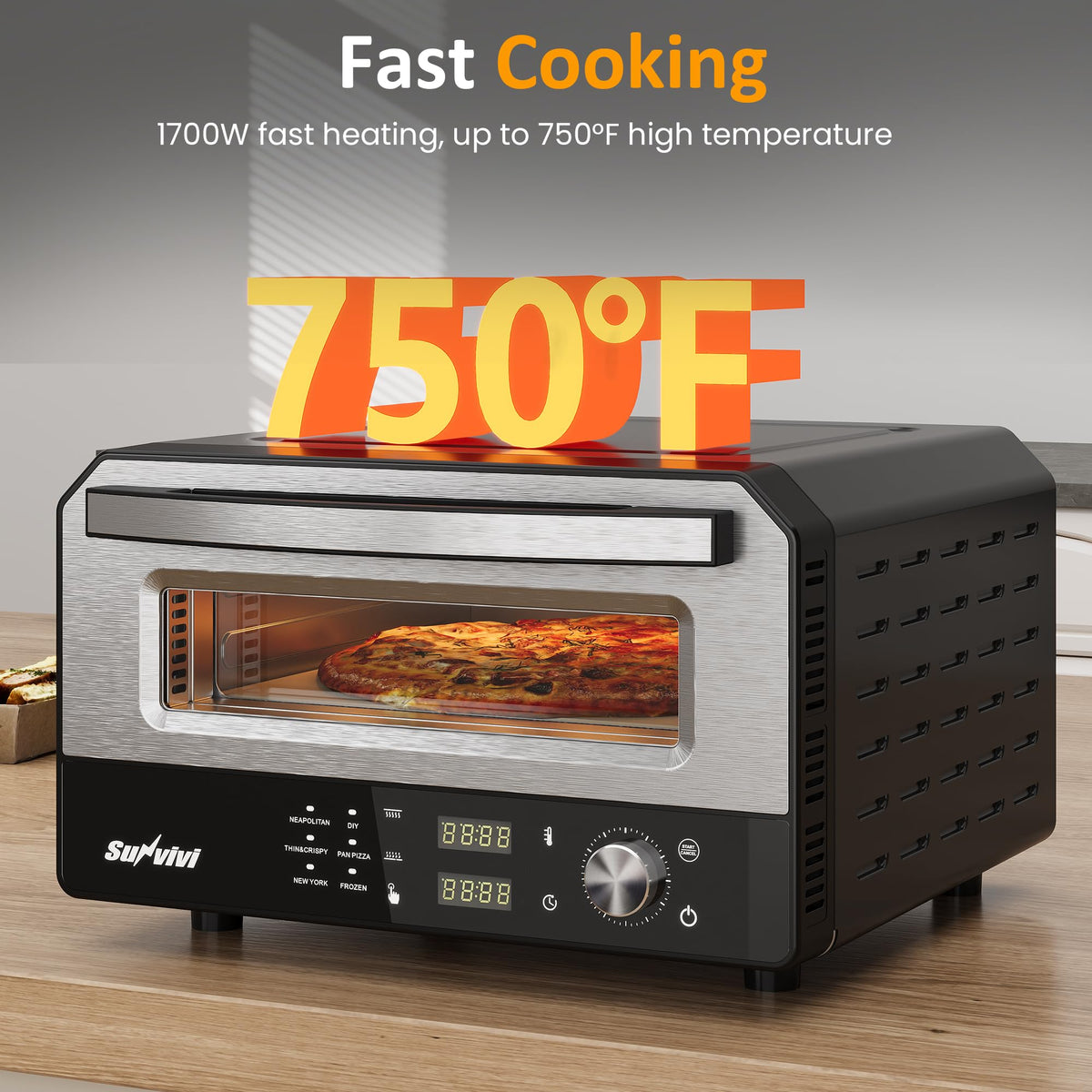 Sunvivi Electric Indoor Pizza Oven: Countertop Pizza Maker with 6 Presets, Heats up to 750℉, 12" Portable Pizza Cooker Warmer with Control Knob, Pizza Stone, Pizza Peel, Pie Maker for Home, Camping