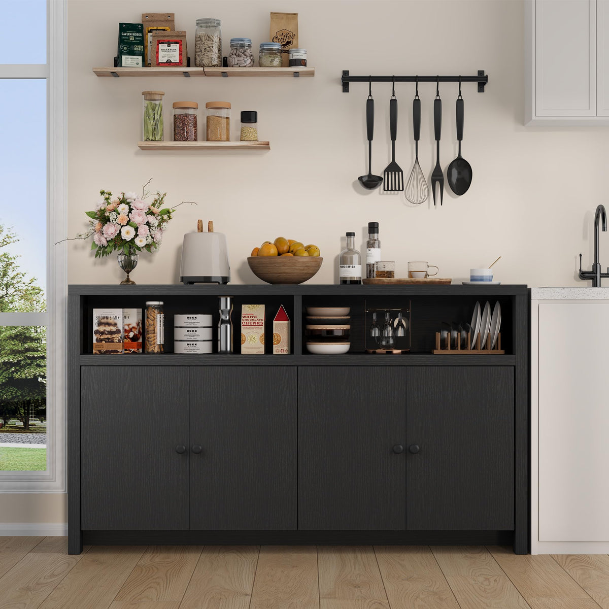 Garvee Buffet Sideboard with Storage, 4 Doors & Adjustable Shelves, 55'' Large Farmhouse Kitchen Storage Cabinet Wood Coffee Bar Cabinet for Kitchen, Dining Room, Entryway, Living Room, Black