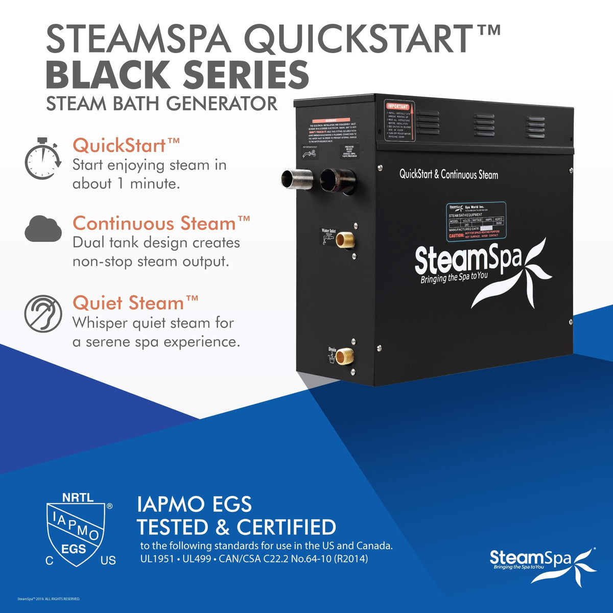 SteamSpa - Steam Shower Generator Kit System | Polished Chrome + Self Drain Combo| Enclosure Steamer Sauna Spa Stall Package|Touch Screen Wifi App/Bluetooth Control Panel |4.5 kW Raven | RVB450CH-A