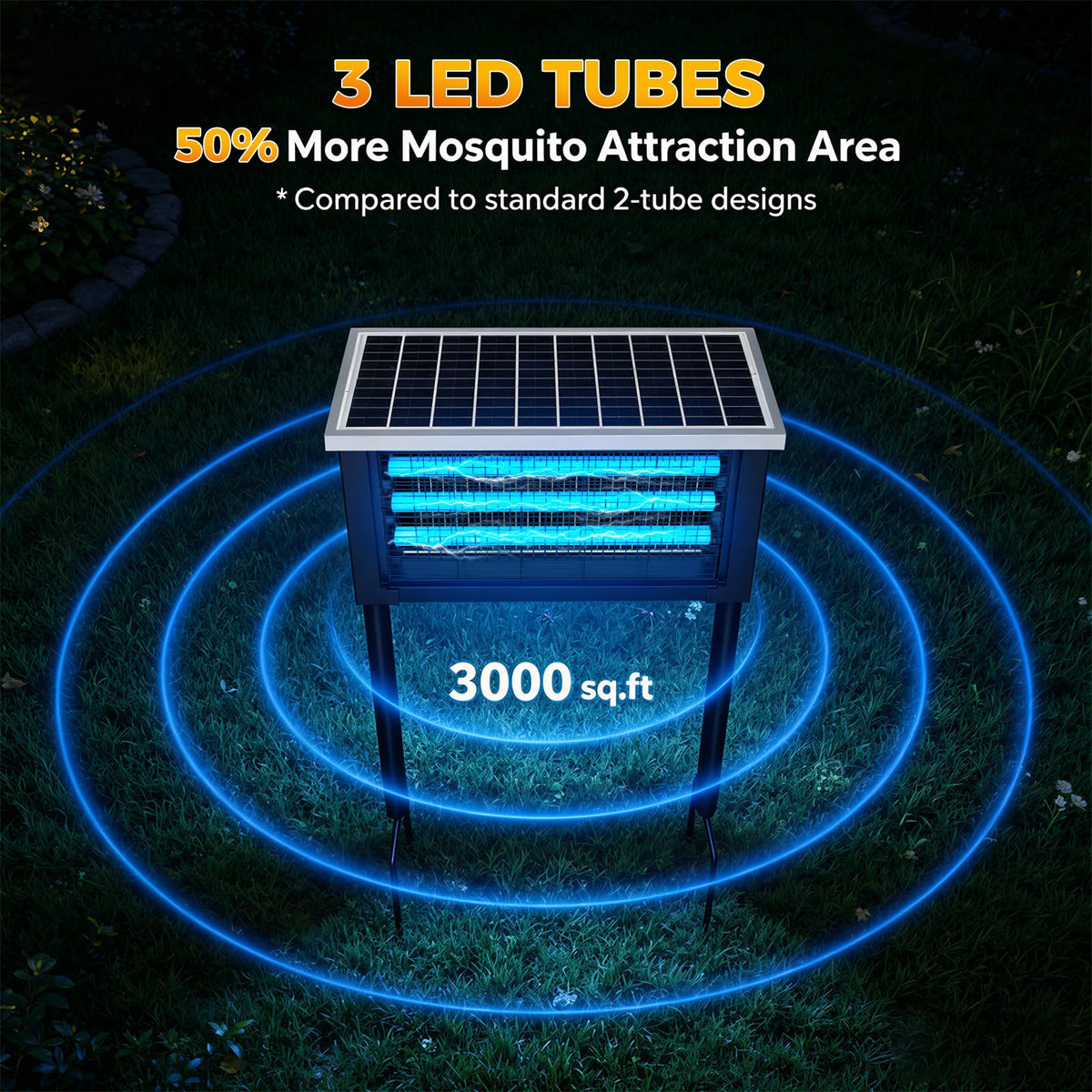 Solar Bug Zapper Outdoor, Poartable Rechargeable Mosquito Zapper with 3 LED Tubes, IPX4 Solar Fly Zapper, Cordless Portable for Patio Garden Backyard RV Camping, with 13W Solar Panel Covers 3000 sq.ft