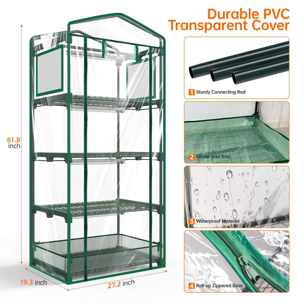Bstrip Indoor Greenhouse with Grow Lights, PVC Tent with Waterproof Base Mat, Airflow Windows&Zippered Door, 4Pcs Grow Lights for Seed Starting with Timer, 4-Tier Greenhouse Shelf 27.2x19.3x61.8in