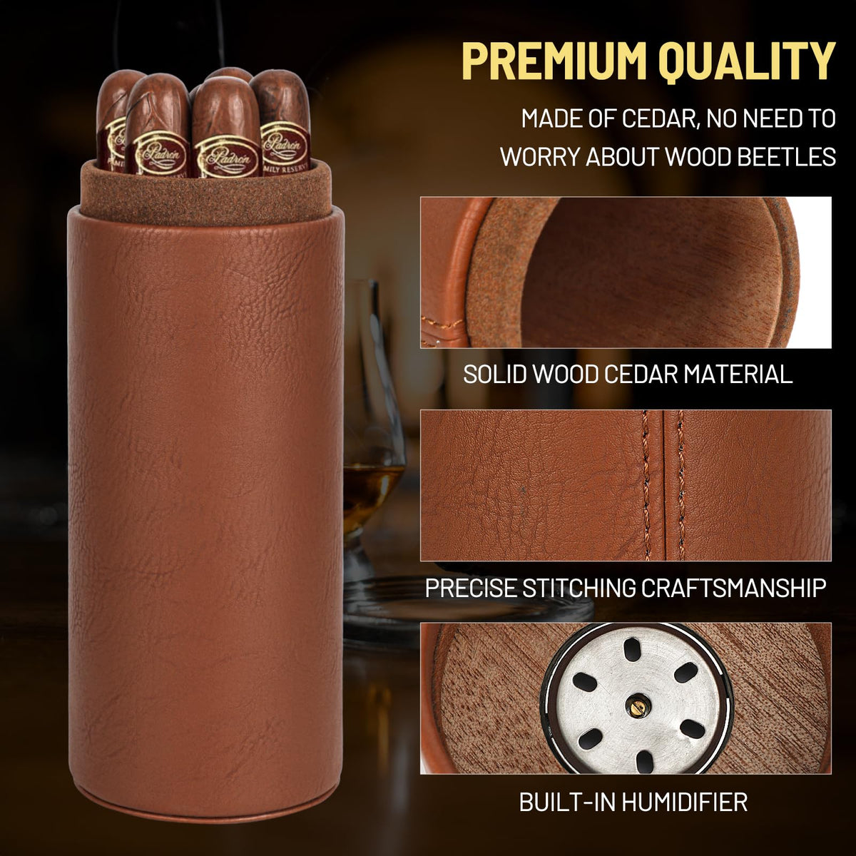 Premium Brown Cylindrical Cigar Humidor with Hygrometer and Cedar Wood Lining, Sealed Portable Leather Cigar Humidifier for Travel Cigar Case and Home Use Father's Day, boyfriends，Christmas