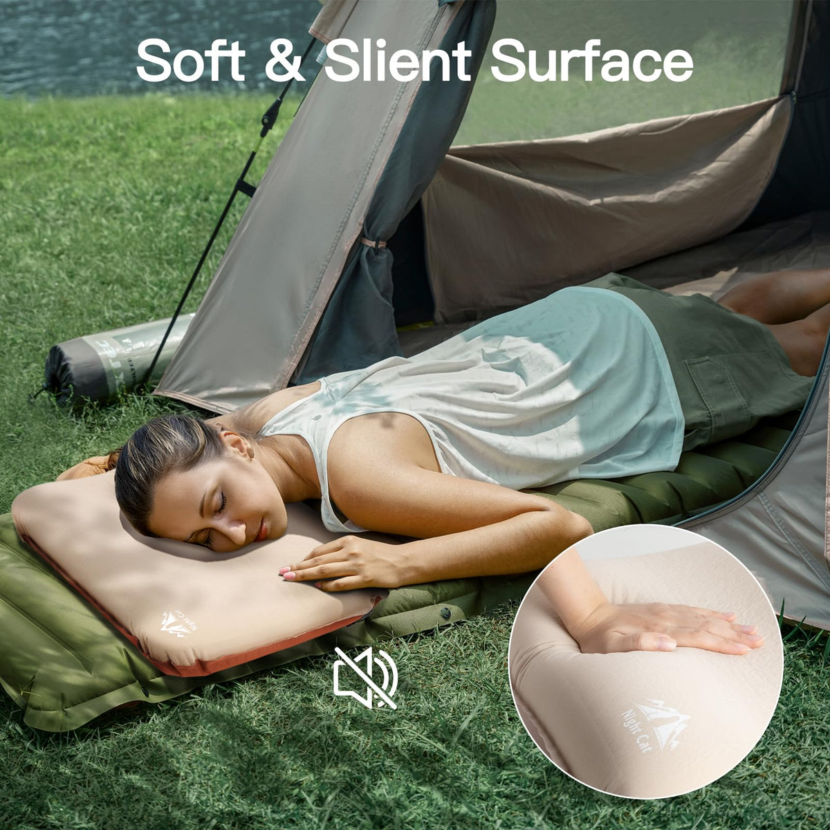 Night Cat Camping Cot Tent with Self-Inflating Sleeping Pad and Self-Inflatable Camping Pillow Camping Sleeping Bag Waterproof 1-Person Off-Ground Combo Cot Bed for Adults Portable Easy Set-up Tent