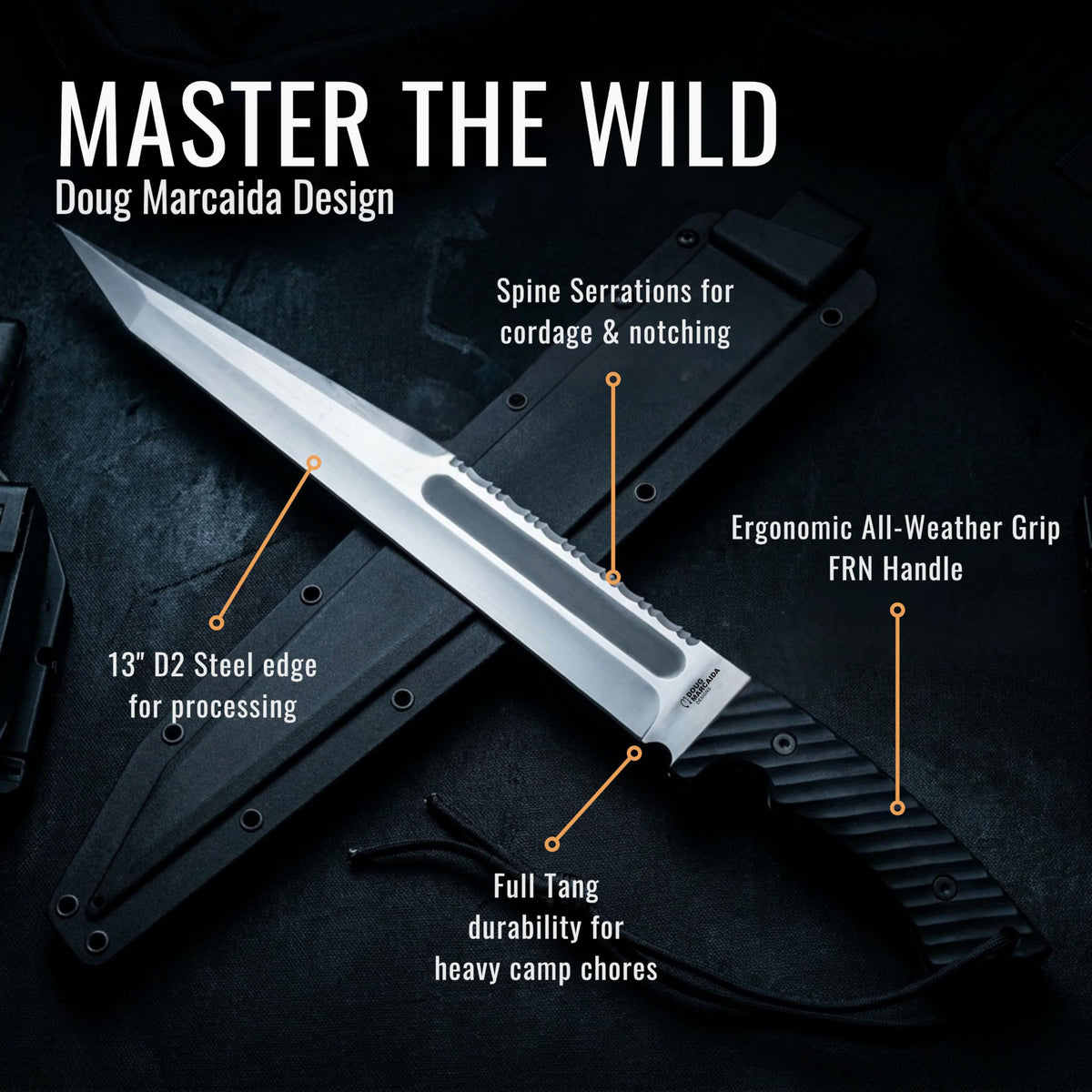 BATTLBOX BattlBolt Fixed Blade Outdoor Survival Knife, Doug Marcaida Design, 13in D2 Steel Blade, FRN Handle, Kydex Sheath - Bushcraft, Camping, Field Use