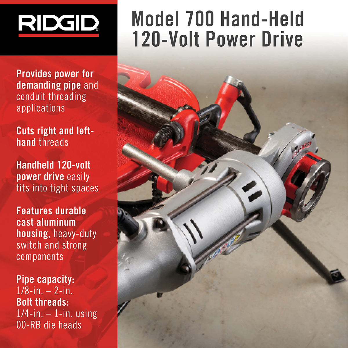RIDGID 41935 Model 700 Hand-Held 120-Volt Power Drive Pipe Threader, Compatible with RIDGID 12-R, 00-R, 00-RB, and 11-R Die Heads, Silver