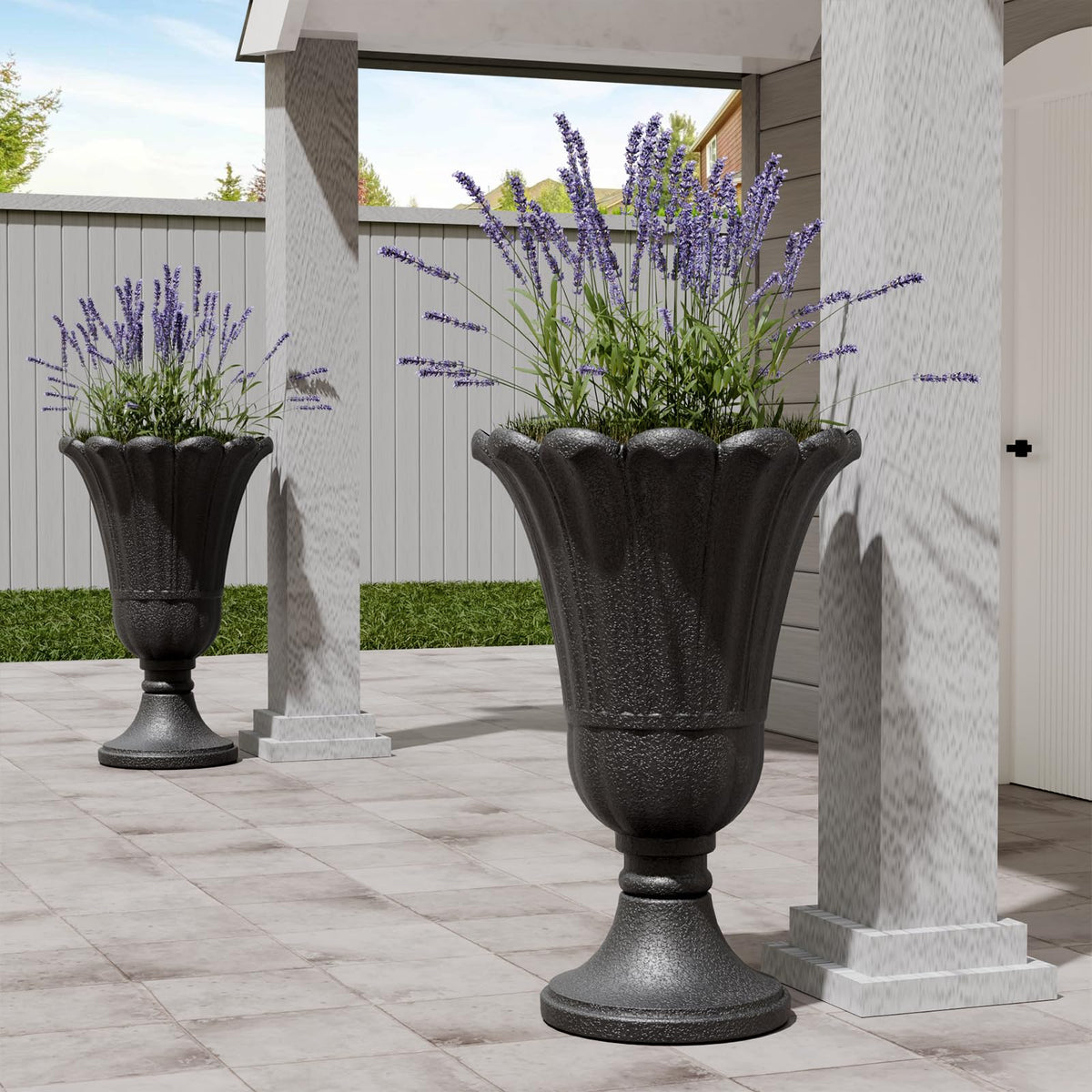 FONTOI 23" Tall Plastic Urn Planter (2-Pack) – Planters for Outdoor Plants with Drainage Holes & Petal Design, Heavy-Duty Classic Indoor Large Flower Pots for Home Garden, Front Porch & Decor, Black