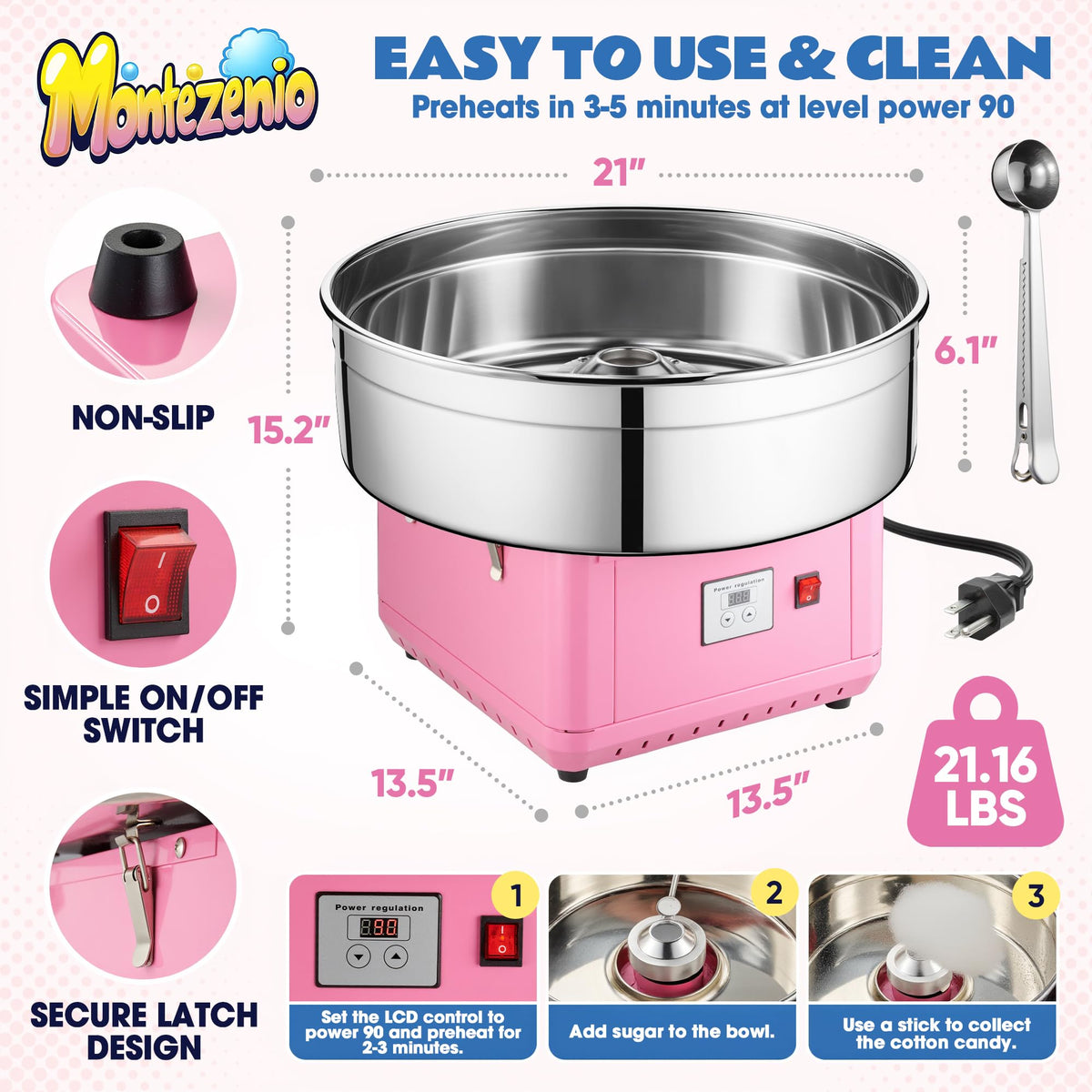 𝟐𝟎𝟐𝟓 𝐔𝐩𝐠𝐫𝐚𝐝𝐞𝐝 Cotton Candy Machine Commercial, 1000W Electric Cotton Candy Maker Kit with Pure Copper Motor, 21” Commercial Cotton Candy Maker Machine for Kids Birthday, Family Party Pink