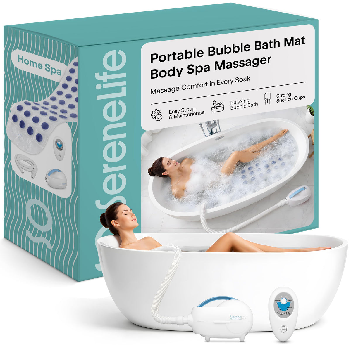 Portable Spa Bubble Bath Massager - Thermal Spa Waterproof Non-slip Mat with Suction Cup Bottom, Motorized Air Pump & Adjustable Bubble Settings - Remote Control Included - Serenelife PHSPAMT22