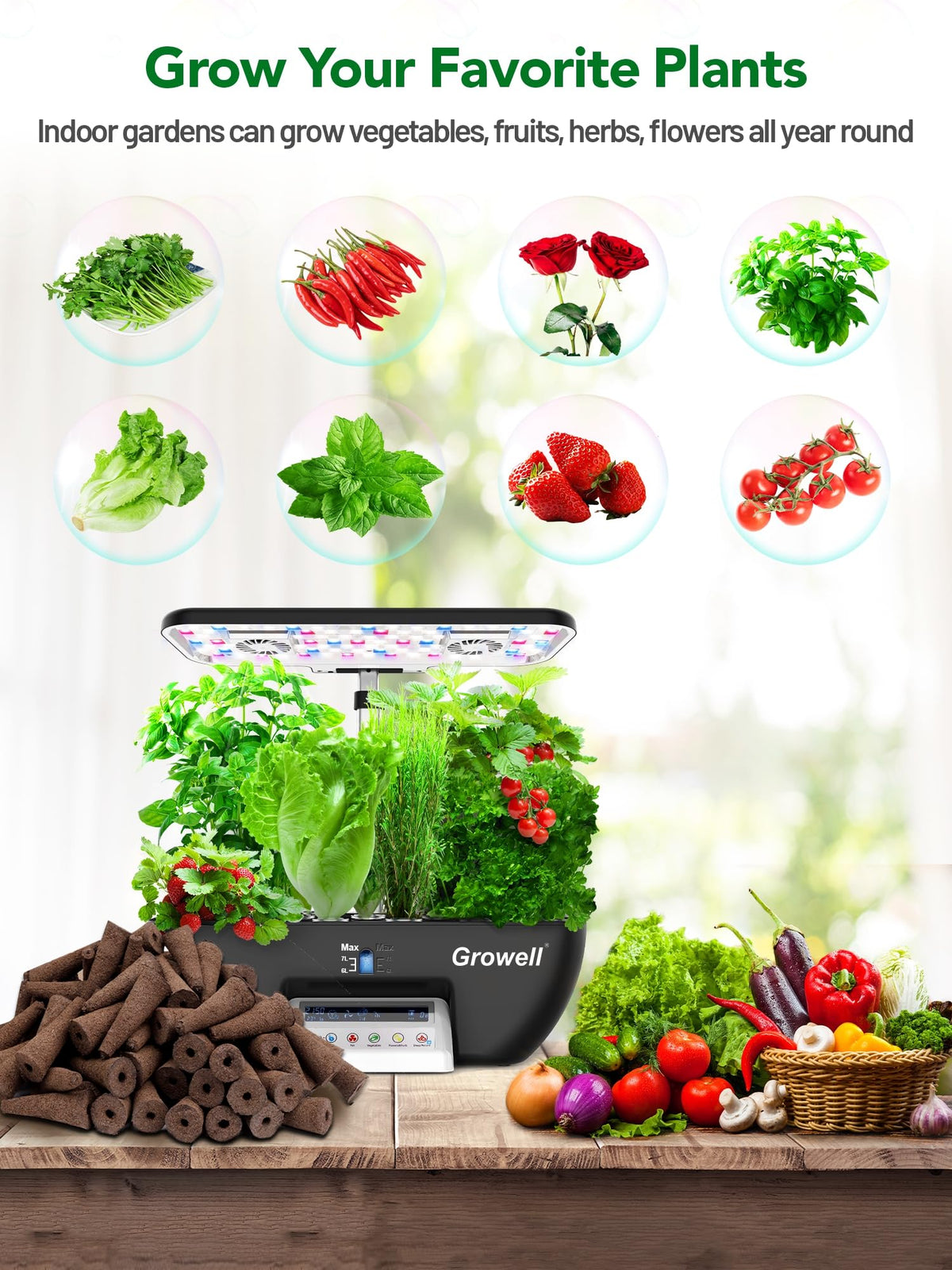 Growell 60 Pods Hydroponics Growing System & 120 Pack Grow Sponges