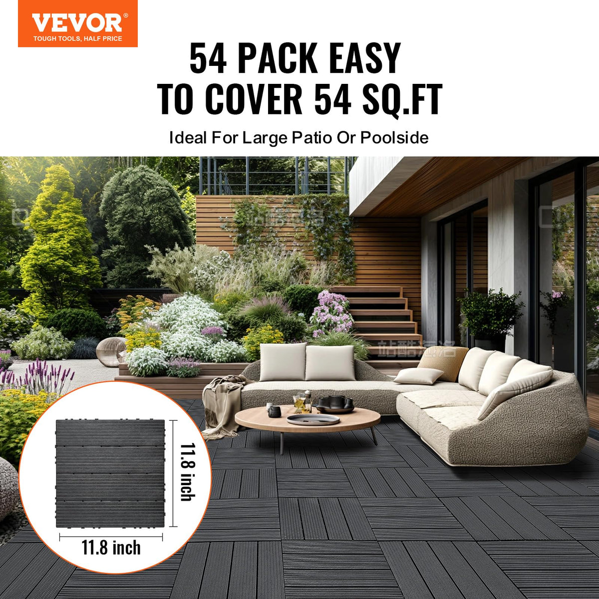 VEVOR 54 sq. ft Plastic Interlocking Deck Tiles, 54 Pack,12"x12" Waterproof Non-Slip Outdoor Flooring All Weather Use, Patio Floor Decking Tiles for Porch Poolside Balcony Backyard, Dark Grey