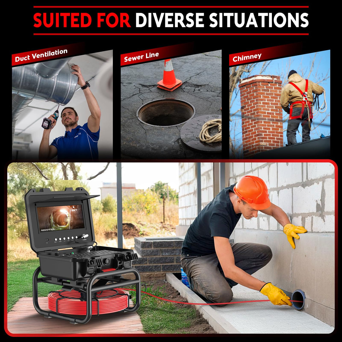 Sewer Camera with 512Hz Transmitter 100ft, 7mm Cable Self Leveling Drain Cameras with Distance Counter, Plumbing Camera Snake with Light, 10.1'' Pipe Borescope Inspection Cam w/DVR (Keyboard Input)