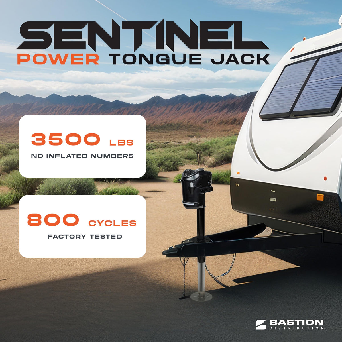 Bastion Distribution Black Sentinel Electric Trailer Jack with Cover – 3500 lb A-Frame Tongue Jack – Weatherproof Switches, LED Light, Manual Crank, 90 Degree Mount – No Stall, No Wobble, Easy Install