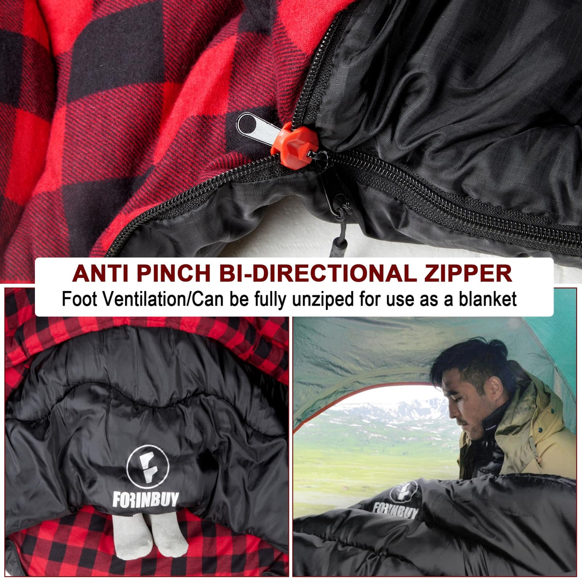 FORINBUY 0 Degree Flannel Double Sleeping Bag for Adults, Couples or Family - Winter Queen Size Waterproof & Warm 2-Person Sleeping Bag for Cold Weather Camping, RV Travel