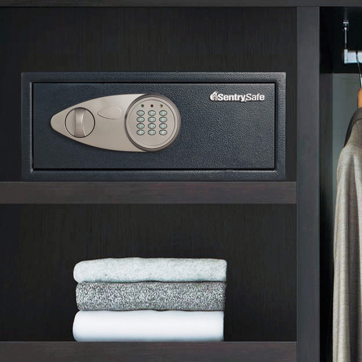 SentrySafe Shelf Safe with Digital Keypad Lock, Steel Safe with Interior Lining and Bolt Down Kit for Money, Jewelry, 0.78 Cubic Feet, 7.1 x 16.9 x 13.8 Inches, X075