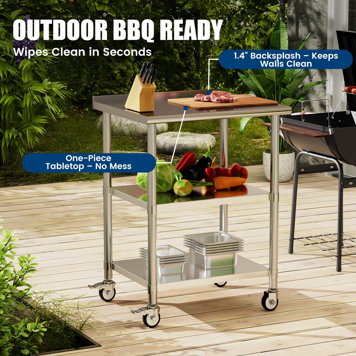 Chingoo Stainless Steel Work Table with Wheels, 24x30 Inch NSF Food Prep Table with Backsplash & 2 Adjustable Undershelves for Commercial Kitchen, Restaurant, Garage
