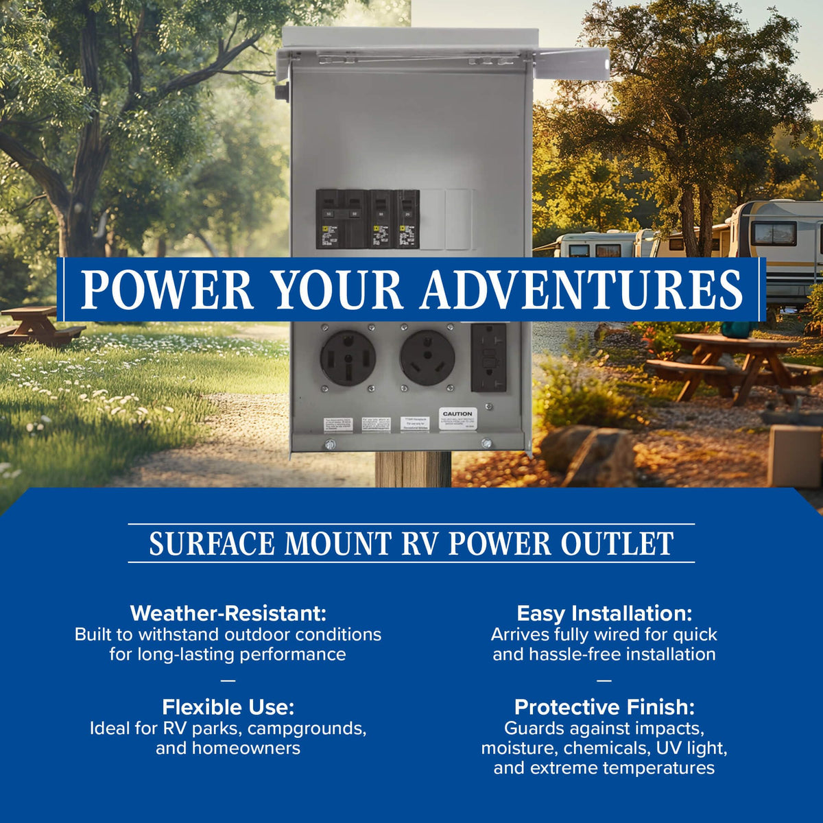 Surface Mount RV Power Outlet – 50/30/20 Amp Electrical Panel, ETL Certified, NEMA 3R Weatherproof, Made in the USA by Jamestown Advanced Products