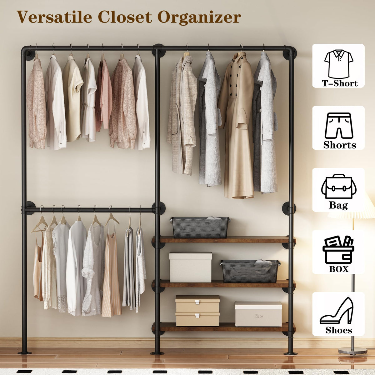 KAILNKISS Industrial Pipe Clothes Rack, Wall Mounted Clothing Rack with Shelves, Heavy Duty Closet Organizers Wardrobe Multi-Purpose Storage Clothes Hanging Shelf-70.8''L Black