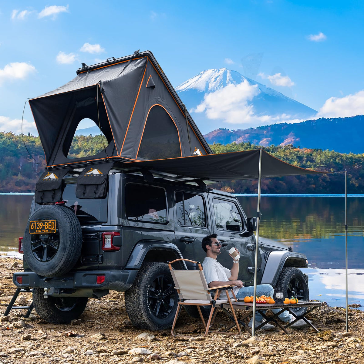 Explorer Pro Rooftop Tent Hard Shell with Side Awning&LED Light Strip, 2-3 Person Roof Top Tent for 4 Season Camping, Aluminum Pop Up Roof Tent for Truck Jeep SUV Van Trailer