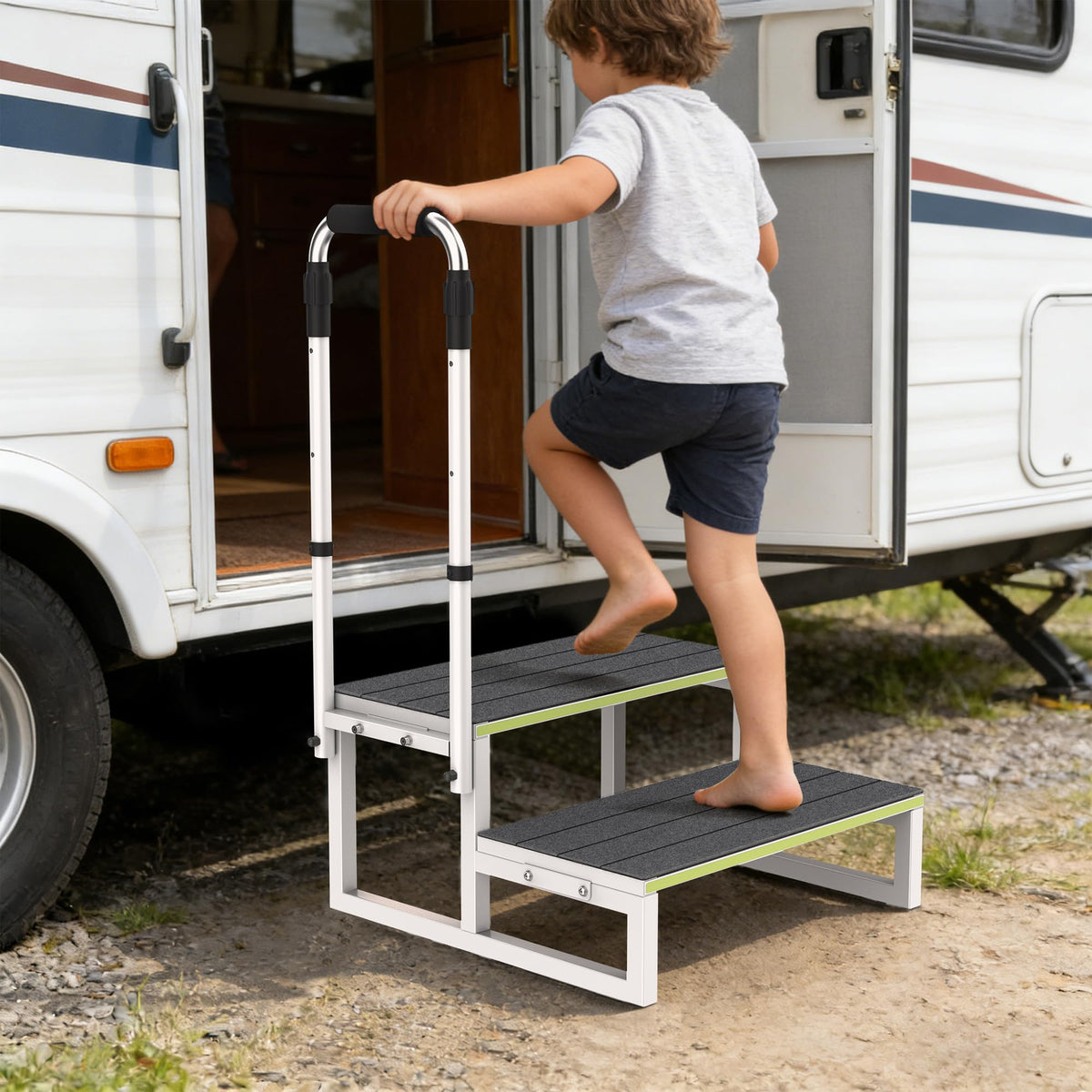DEPSUNNY RV Step Stool with Handrail, 2 Steps 2 Handrails, Wider Platform, Anti-Slip Mats, Step Stool with Handle for Elderly, Portable RV Stairs for Hot Tub/Camper/Mobile Home/SPA Pool/Pet Stairs