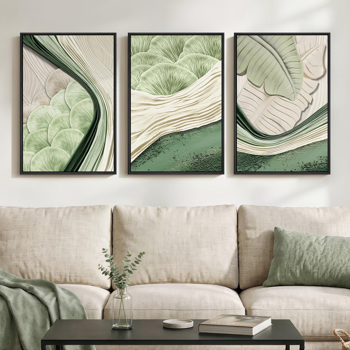 Framed Green Abstract Wall Art Bedroom, 3 Piece Botanical Modern Minimalist Canvas Print Artwork for Walls, Leaf Paintings Pictures for Small Living Room Dining Room Office Wall Art Decor, 16x24 Inch