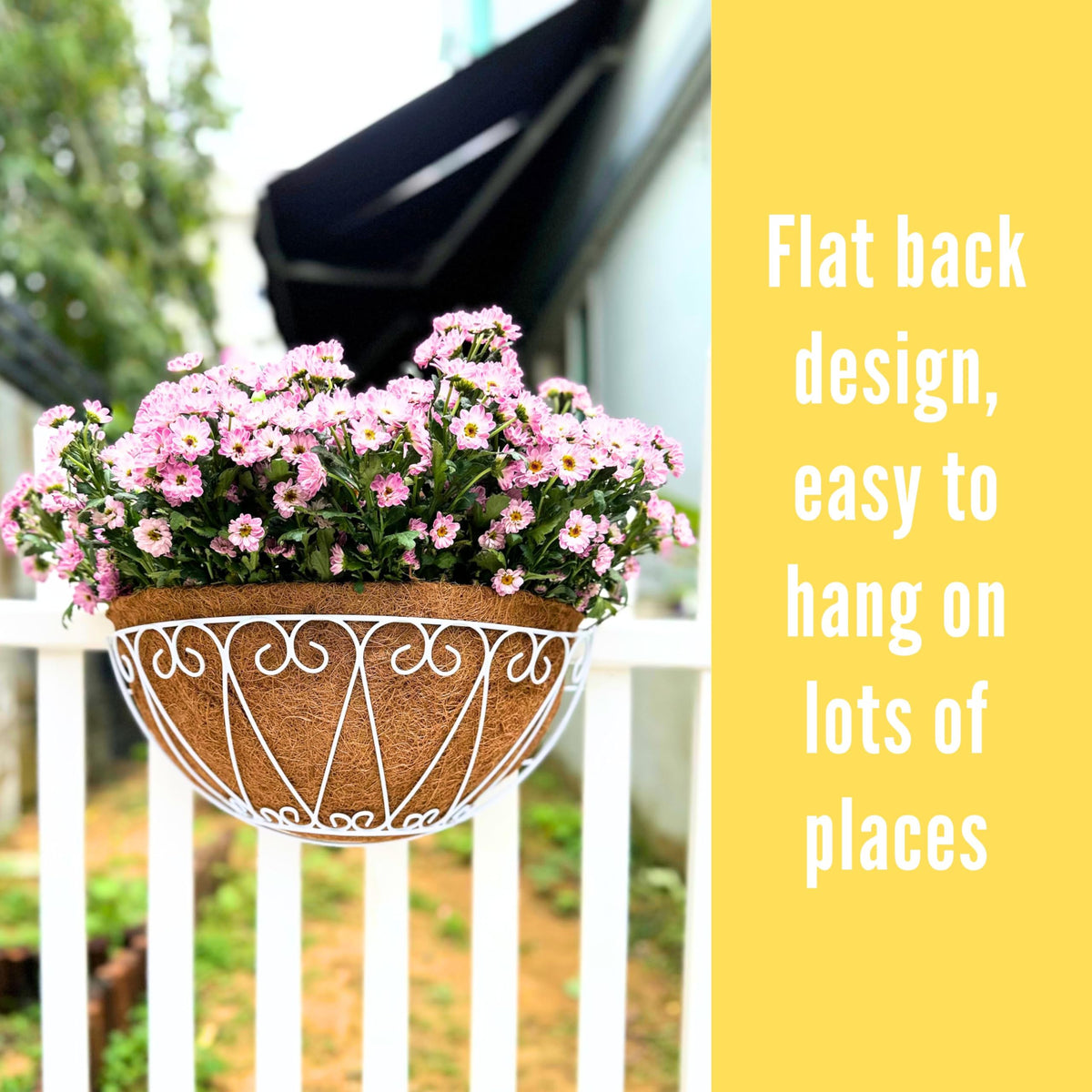 LaLaGreen Outdoor Wall Planters (2 Pack, 16 Inch) White Metal Wall Mounted Hanging Basket with Coco Liner, Large Flower Pot Plant Holder Planter for Fence Railing Deck Porch Balcony Modern Home Decor
