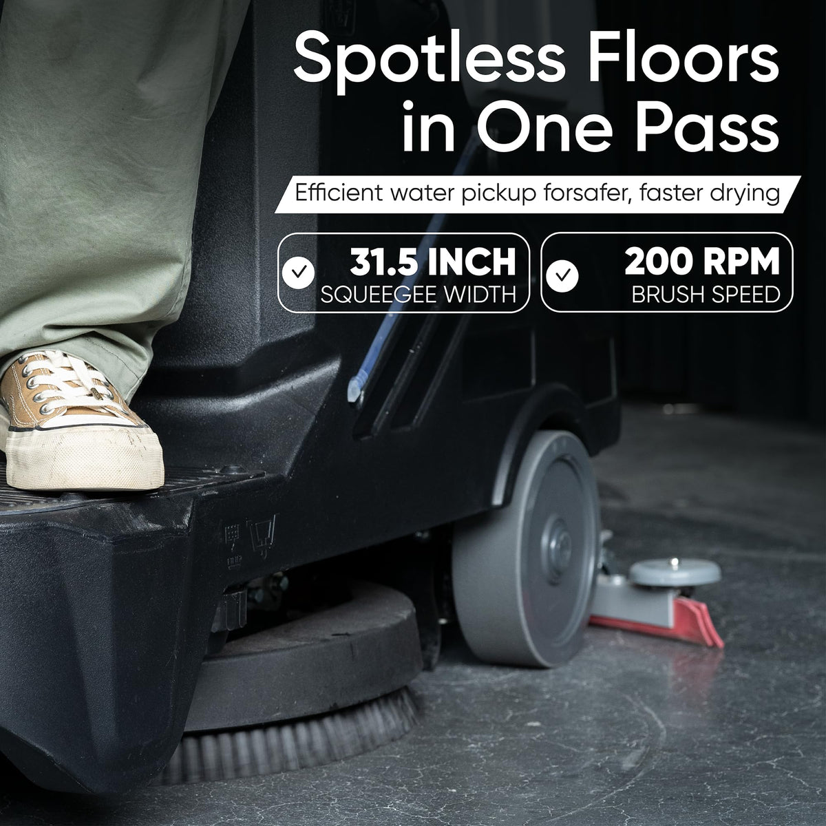 Battery Powered Ride-On Commercial Floor Scrubber Machine, 22" Brush, 31.5" Squeegee Width, 19 gal Solution Tank, 20 gal Recovery Tank, 5 hr Use 7 hr Charge, 200 RPM, 48,400 Sqft/H, Batteries Included
