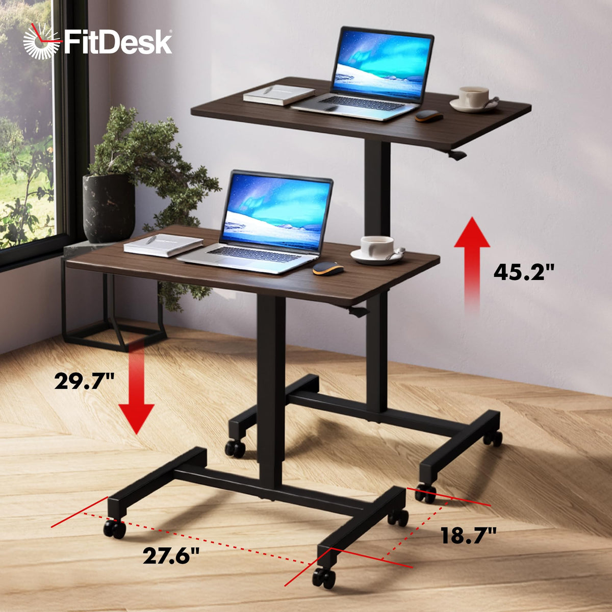 FitDesk Portable Laptop Desk, Rolling Standing Workstation Adjustable Height, Compact Standing Table with Large Surface, Small Stand Desk for Home Office, 30 lb Weight Limit – Walnut, 27" Tabletop
