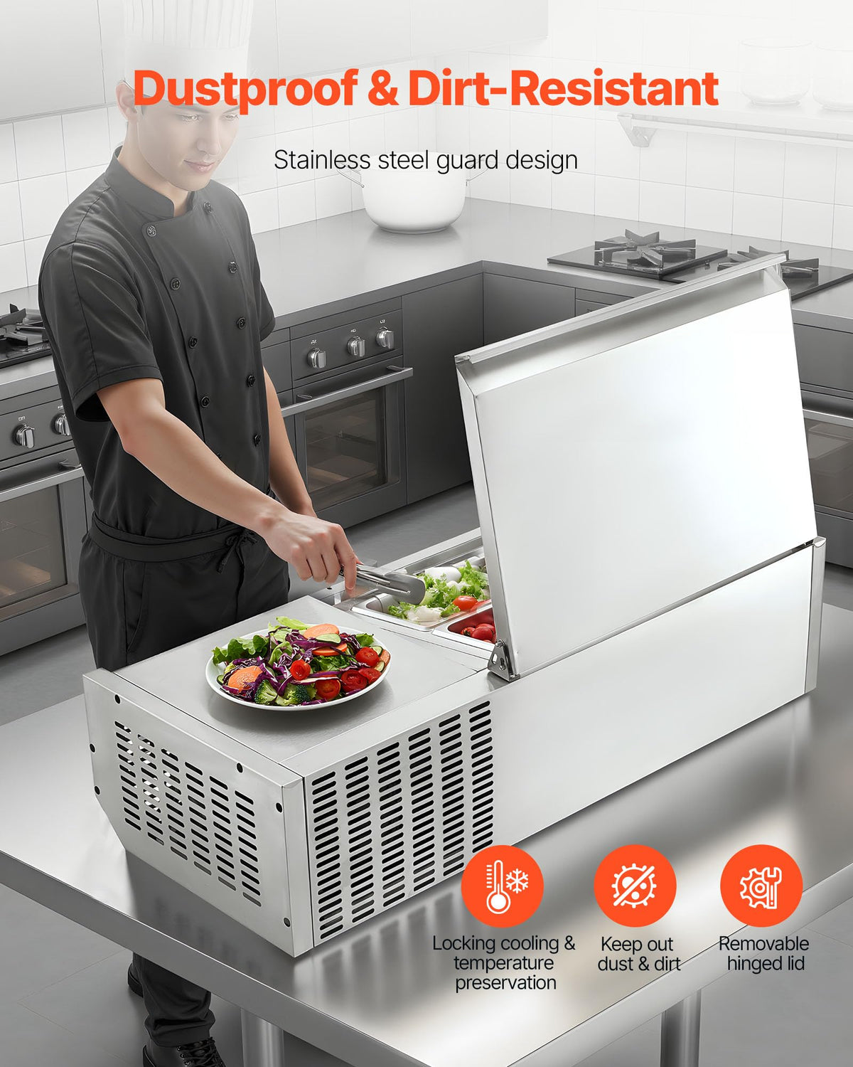 VEVOR Refrigerated Condiment Prep Station, 120 W Countertop Refrigerated Condiment Station, with One 1/3 Pan & Four 1/6 Pans, 304 Stainless Body and PC Lid, Sandwich Prep Table with Stainless Guard