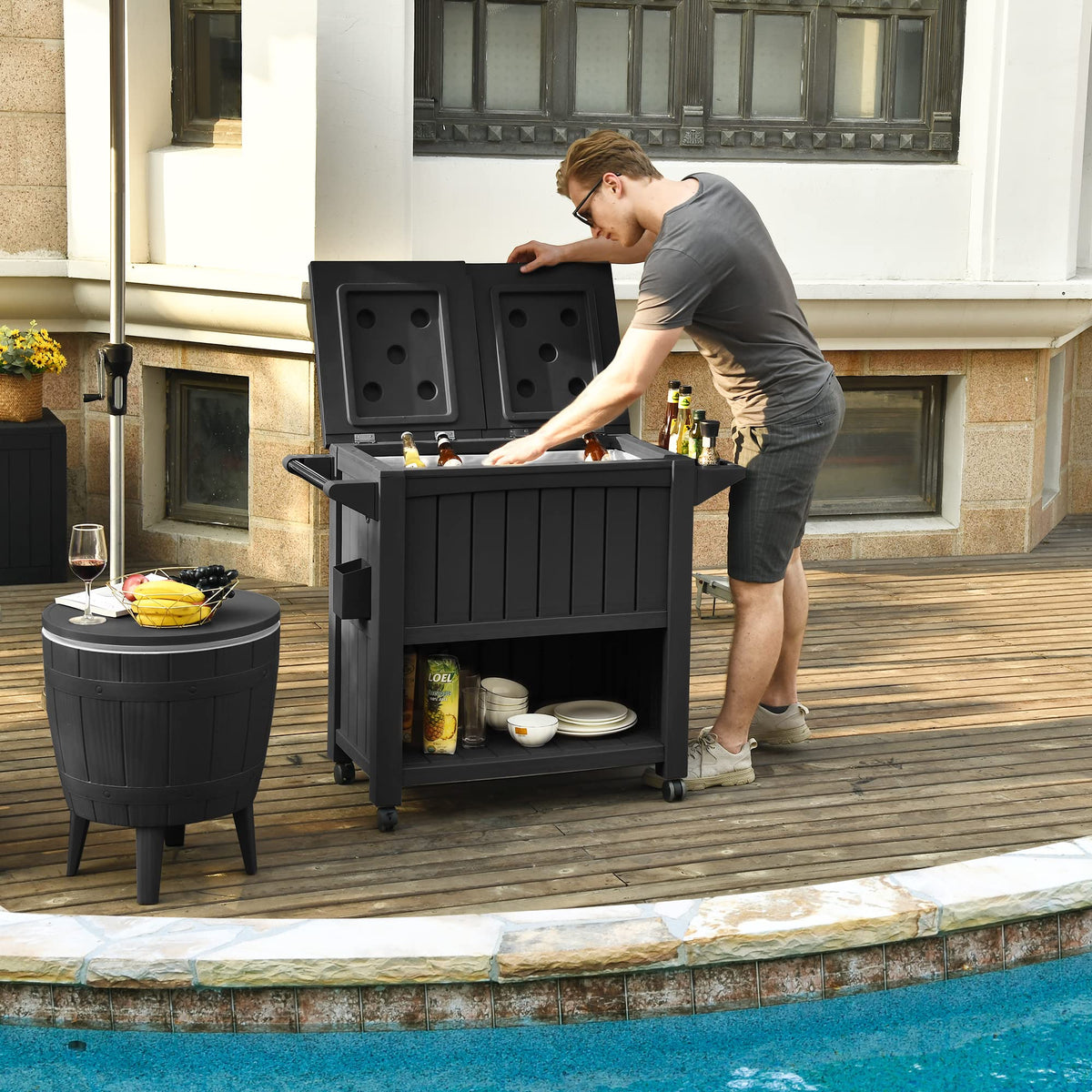 YITAHOME 85 Quart Cooler with Wheels, Upgrade Patio Ice Chest, Outdoor Beverage Cart Rolling Cooler for Patio Pool Deck Party BBQ Cookouts (Dark Grey)