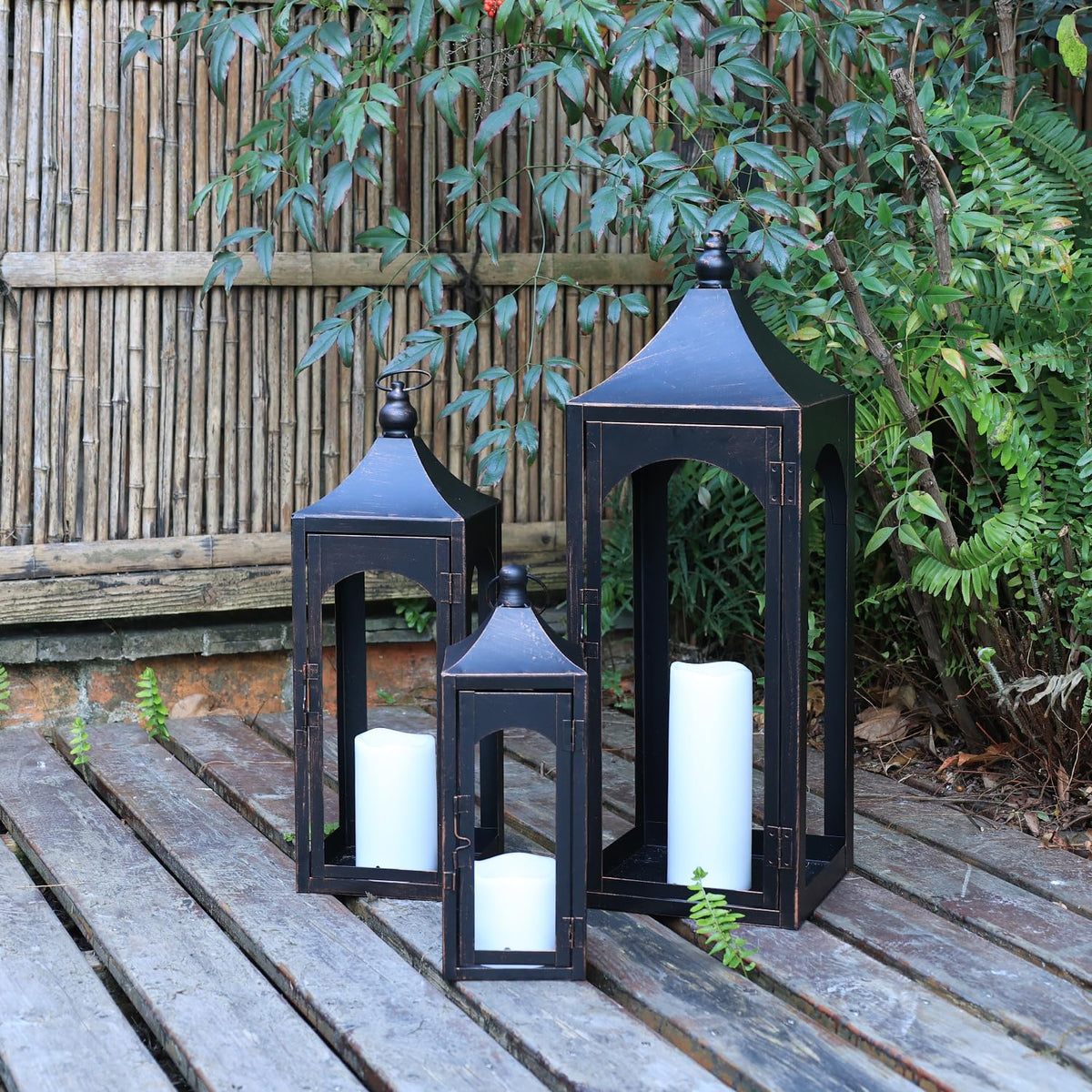 NEEDOMO Lanterns Decorative Indoor&Outdoor,Set of 3 Outdoor Lanterns for Porch, 26" Metal Frame Candle Holders with LED Candles, Fall, Christmas