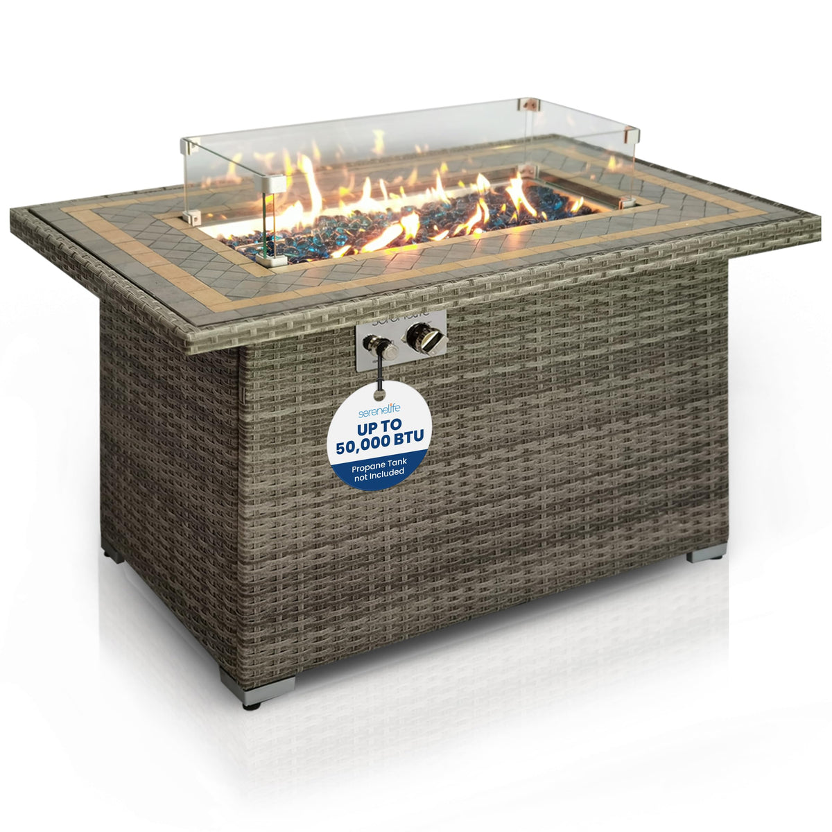 SereneLife Sturdy Wicker Base Propane Fire Pit Table with Tile Top, Patio Heater & Propane Heater, Sliding Door, Stainless Steel Burner, Tempered Glass Wind Guard, 50000 BTU, Weather Resistant