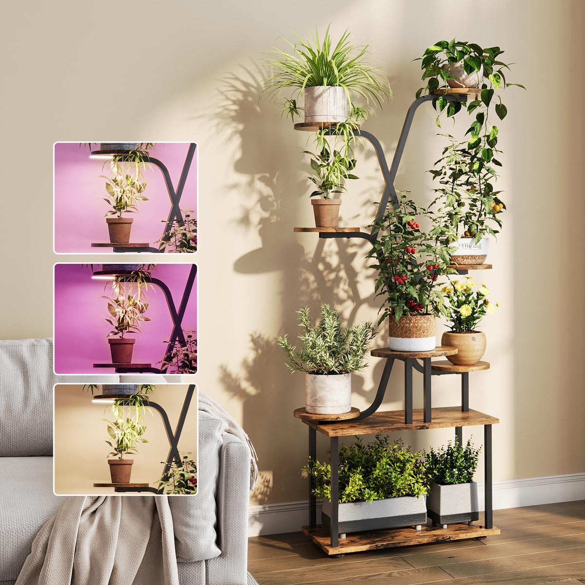 DIOOSN Tall Plant Stand, 9-Tier Tiered Indoor Plant Stand Multiple Shelves, Stable Plant Stand Indoor with Grow Lights for Home, Office, Balcony & Patio