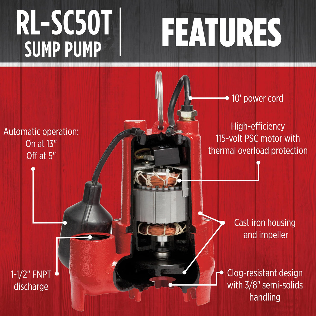 Red Lion RL-SC50T 115-Volt, 1/2 HP, 4300 GPH Cast Iron Sump Pump with Tethered Float Switch, 10-Ft. Cord, Red, 14942746