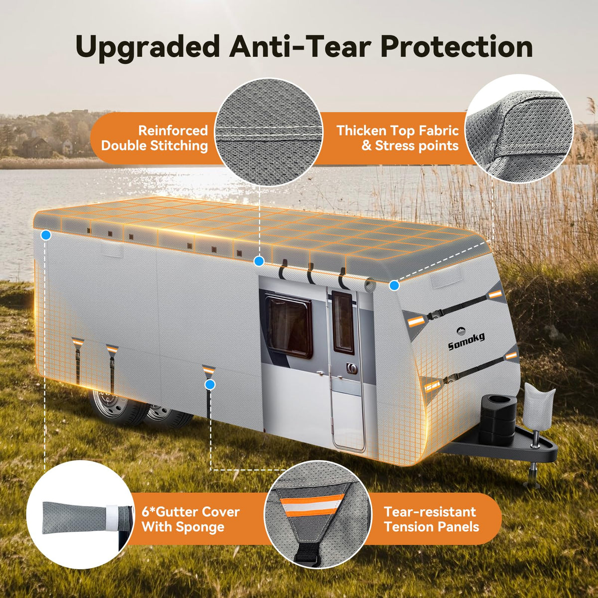Travel Trailer Cover 18-20 FT, Heavy Duty 7-Layer RV Cover, Rip-Stop Camper Cover, Windproof with 5+2 Straps, UV & Snow Protection, Fits Rooftop A/C