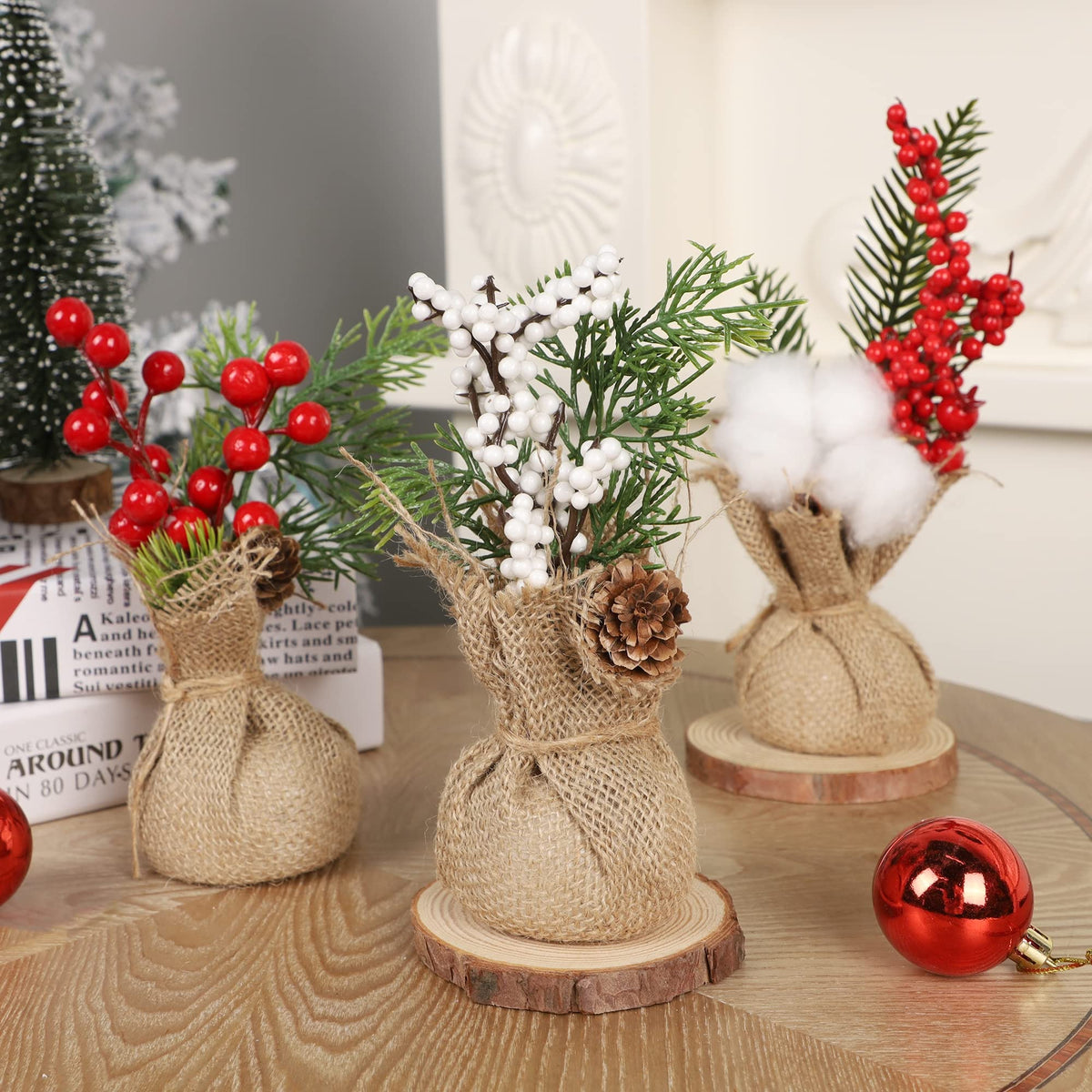 winemana 6 Pcs Mini Christmas Tree Table Decorations, 8" Small Artificial Trees with Red Berries Pine Cone Greenery Tabletop Centerpiece for Home Office Room Holiday Decorations