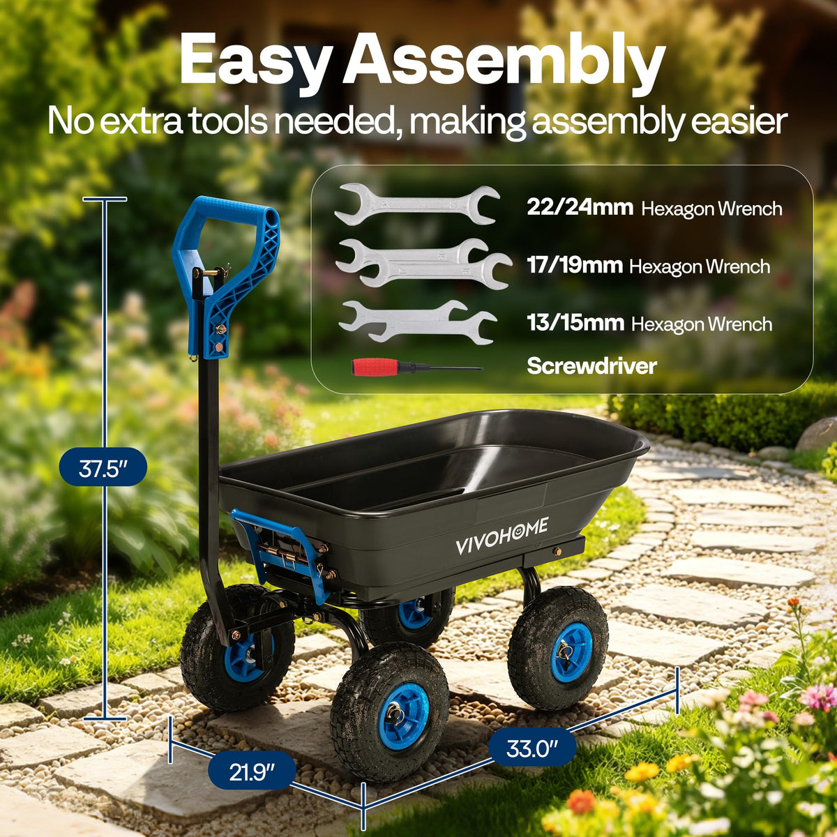 VIVOHOME 4 Cu.Ft 660lbs Wheelbarrow Garden Cart Dump Wagon with 2-in-1 Convertible Handle Attach to ATV or Tractor, 10" All Terrain Wheels, Quick Release Heavy Duty Utility Trailer for Yard-Blue