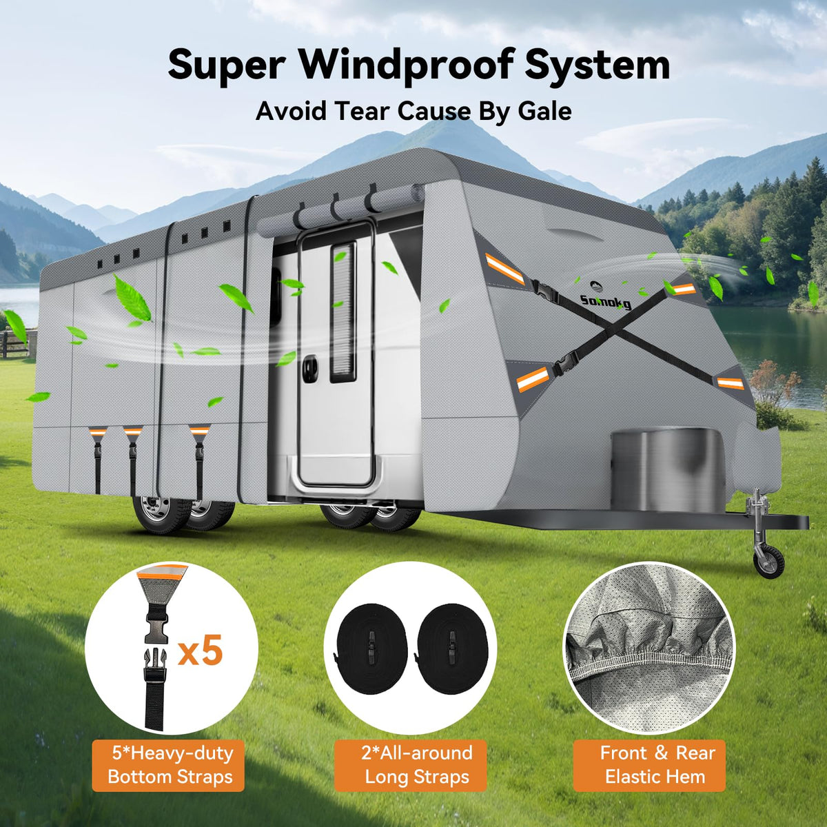 Travel Trailer Cover 18-20 FT, Heavy Duty 7-Layer RV Cover, Rip-Stop Camper Cover, Windproof with 5+2 Straps, UV & Snow Protection, Fits Rooftop A/C