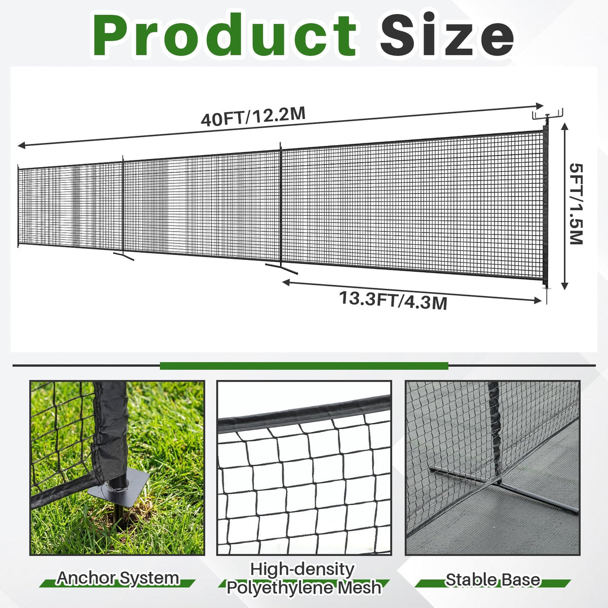 Yoojahow 40 x 5ft Driveway Guard Barricade Net, Heavy Duty Driveway Safety Net, Anti-Tear Remove Defense Netting with Spiral Ground Stakes and Support Poles, Visual Barrier for Playtime Safety (Black)