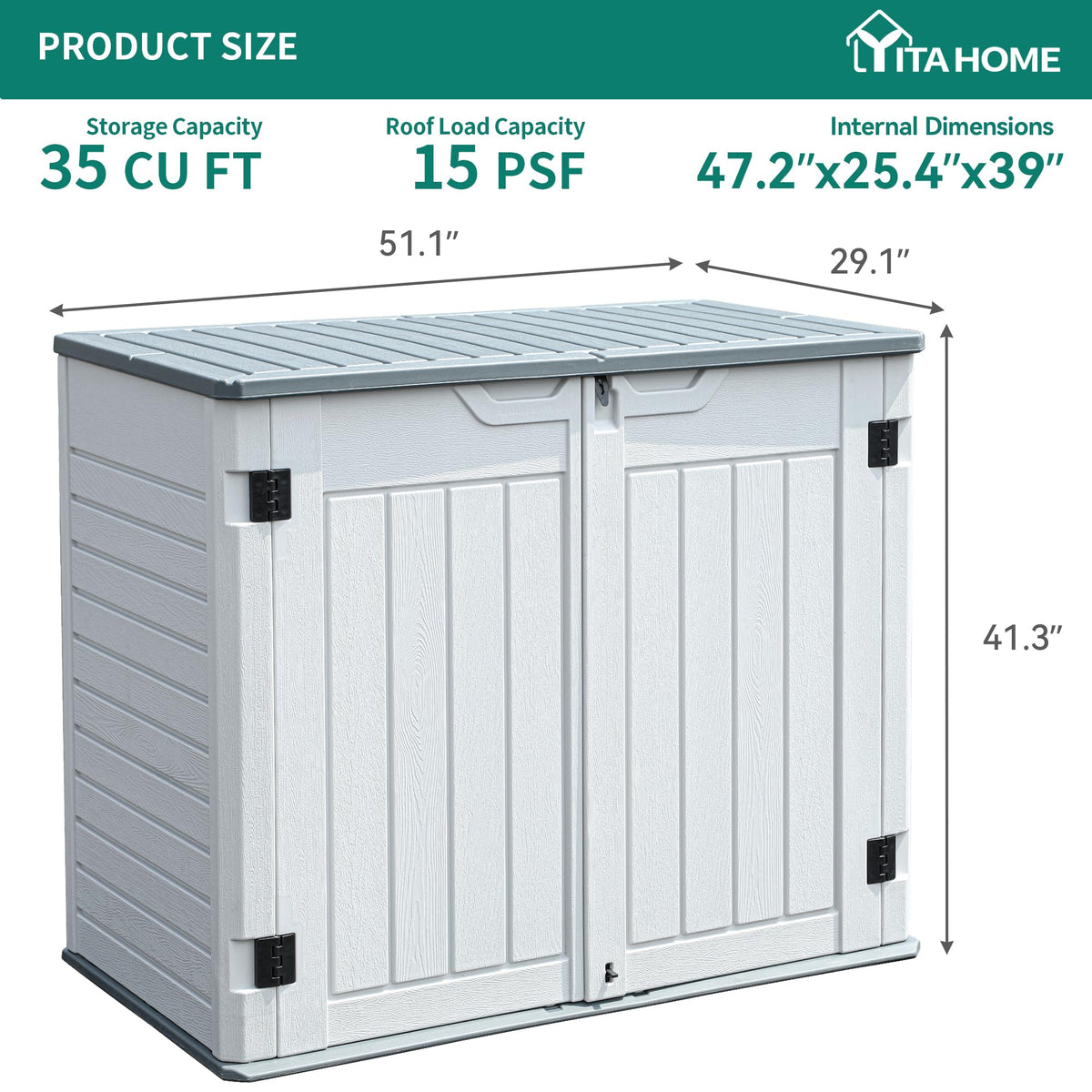 YITAHOME Outdoor Horizontal Storage Sheds w/o Shelf, 35 Cu Ft Lockable Resin Waterproof Shed, Ideal for Garden Tools, Easy to Assemble, Light Gray