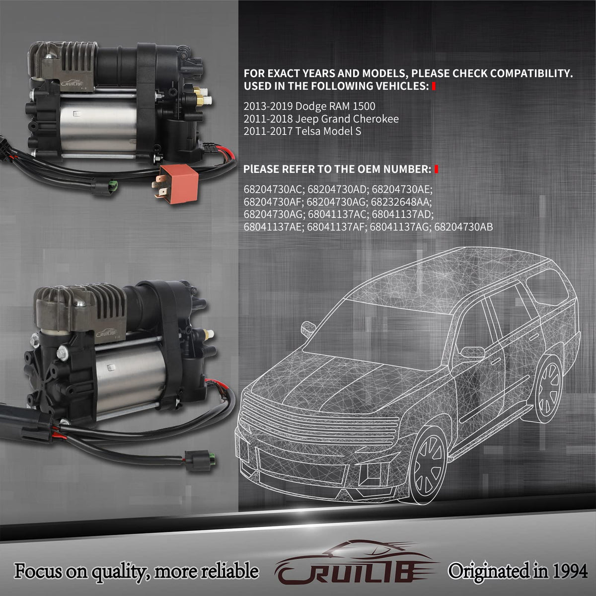 RUILIB 949-356 Airmatic Air Suspension Compressor Air Pump Kit Replacement 949-300 68041137AF 68204730AB for Jeep Grand Cherokee WK2,Dodge RAM 1500,Tesla Model S