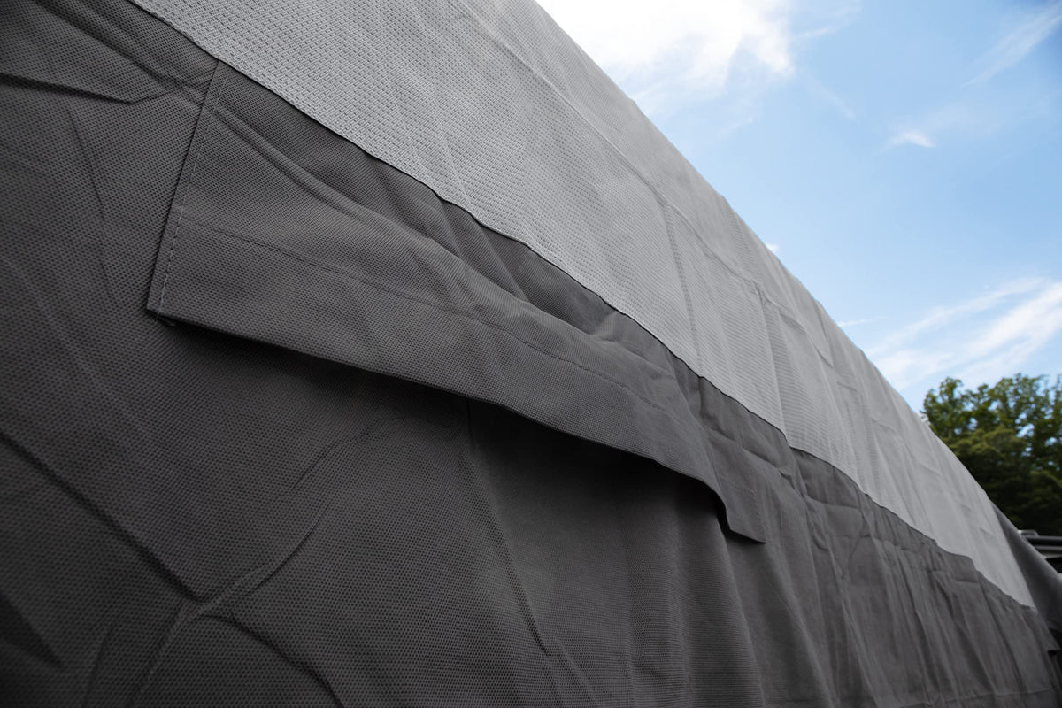Camco ULTRAGuard 38 to 40-Ft Travel Trailer/Class A RV Cover - Features Zipper Entry Doors & Covered Air Vents - Crafted of Spunbond Polypropylene - Storage Bag for RV Storage & Organization (45736)