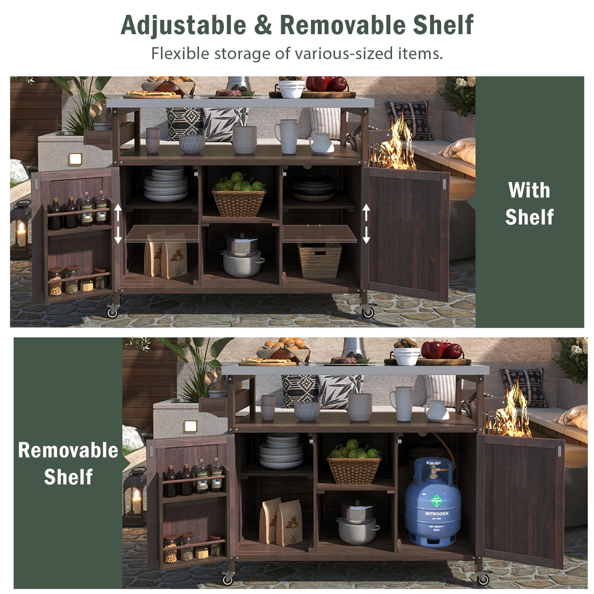 50.25" W Grill Cart with Stainless Steel Tabletop - Outdoor Storage Cabinet for BBQ, Bar Patio Kitchen Island with Ample Storage and Lockable Wheels