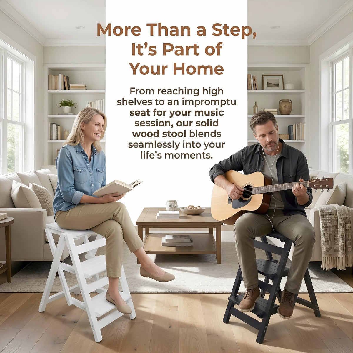 Step Stool for Adults/Step Ladder/Counter Chair, 3-Step Folding Portable Wooden Step Stool, Anti-Slip & Lightweight (White)