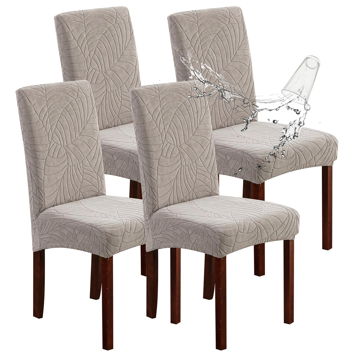 Genina 100% Waterproof Chair Covers for Dining Room Set of 4, Stretch Parson Chair Slipcovers for Kitchen Chairs, Washable Chair Protectors, Leaves-Warm Gray