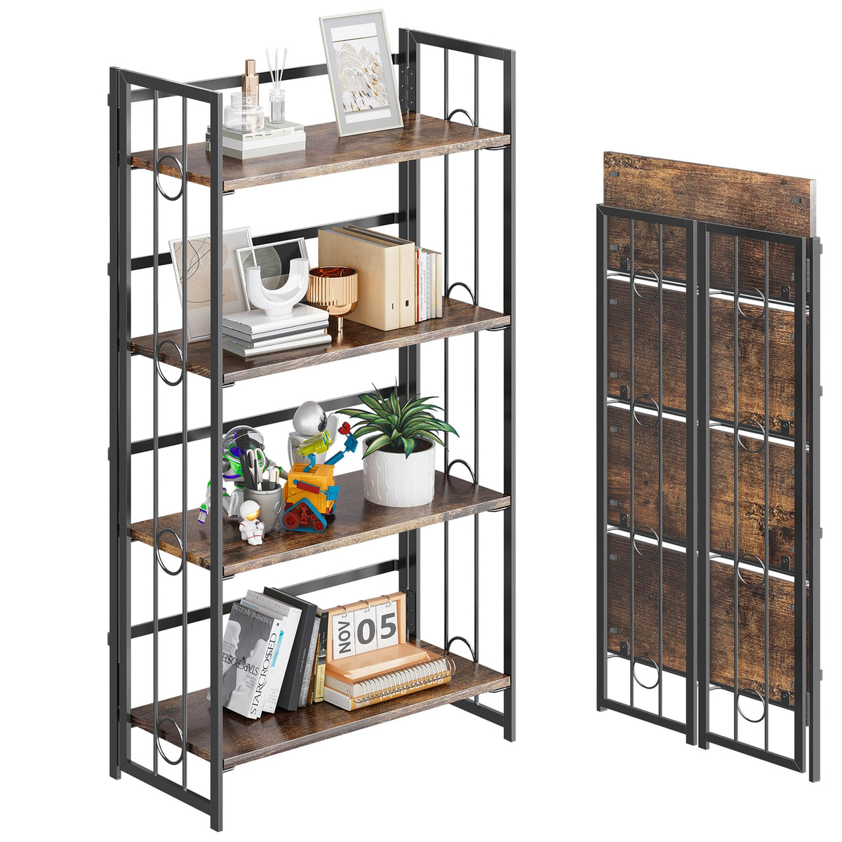 4NM No Assembly 4 Tiers Folding Bookshelf, 47.2" H Foldable Storage Shelves Vintage Bookcase Standing Racks Study Organizer Home Office - Rustic Brown Black